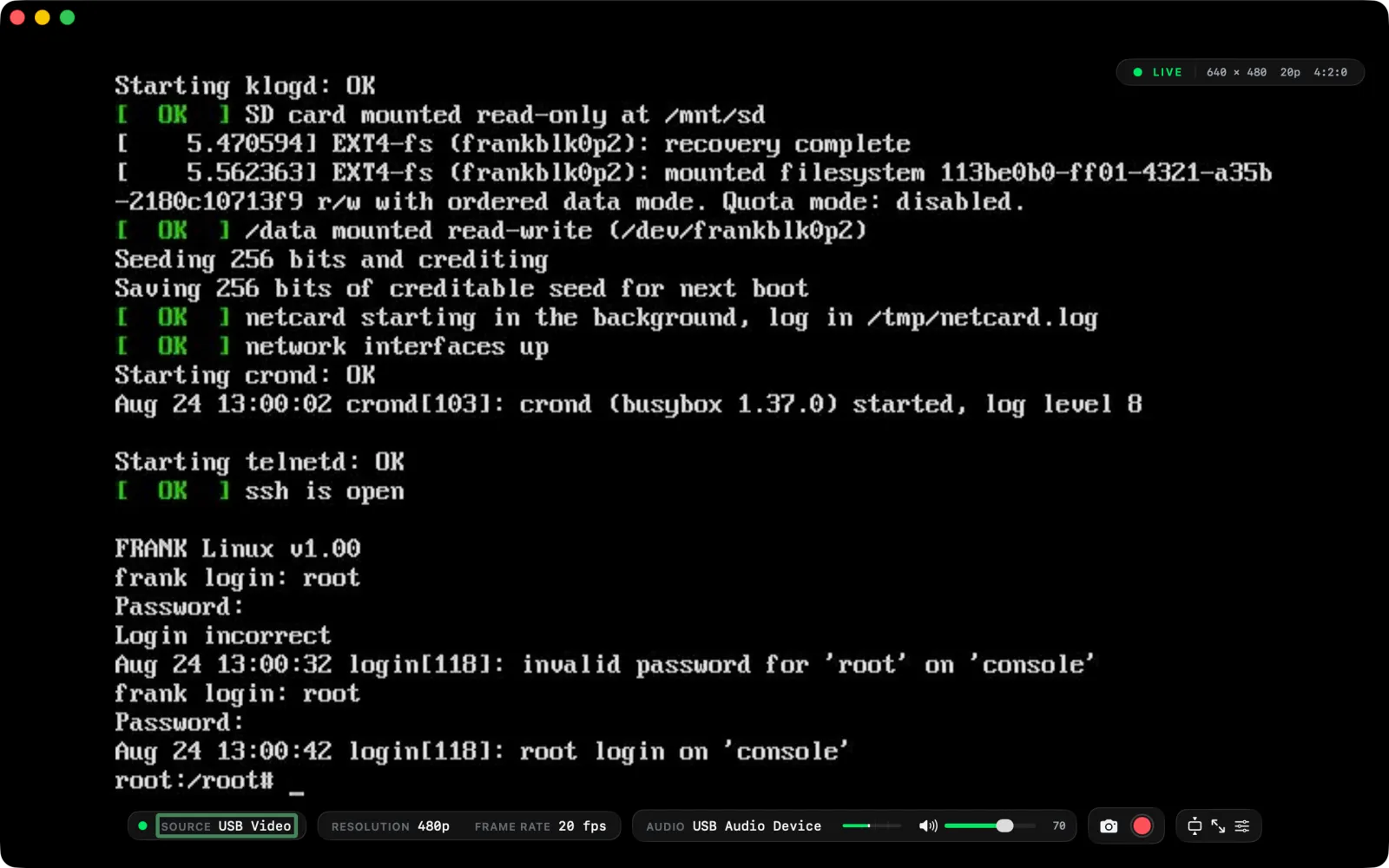 The VideoMonk window showing a live capture-card picture. A status capsule in the corner reads LIVE, 640 by 480, 20p, 4:2:0, and the control bar along the bottom shows the source, resolution, frame rate, audio input and volume.