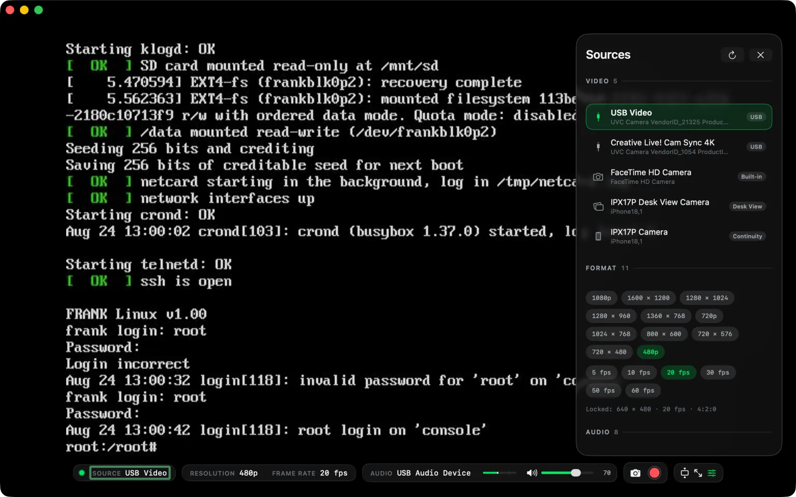 The Sources panel open beside the picture, listing a USB Video device, a USB webcam, the FaceTime HD Camera, a Desk View camera and a Continuity camera, then every reported resolution and frame rate as selectable chips.